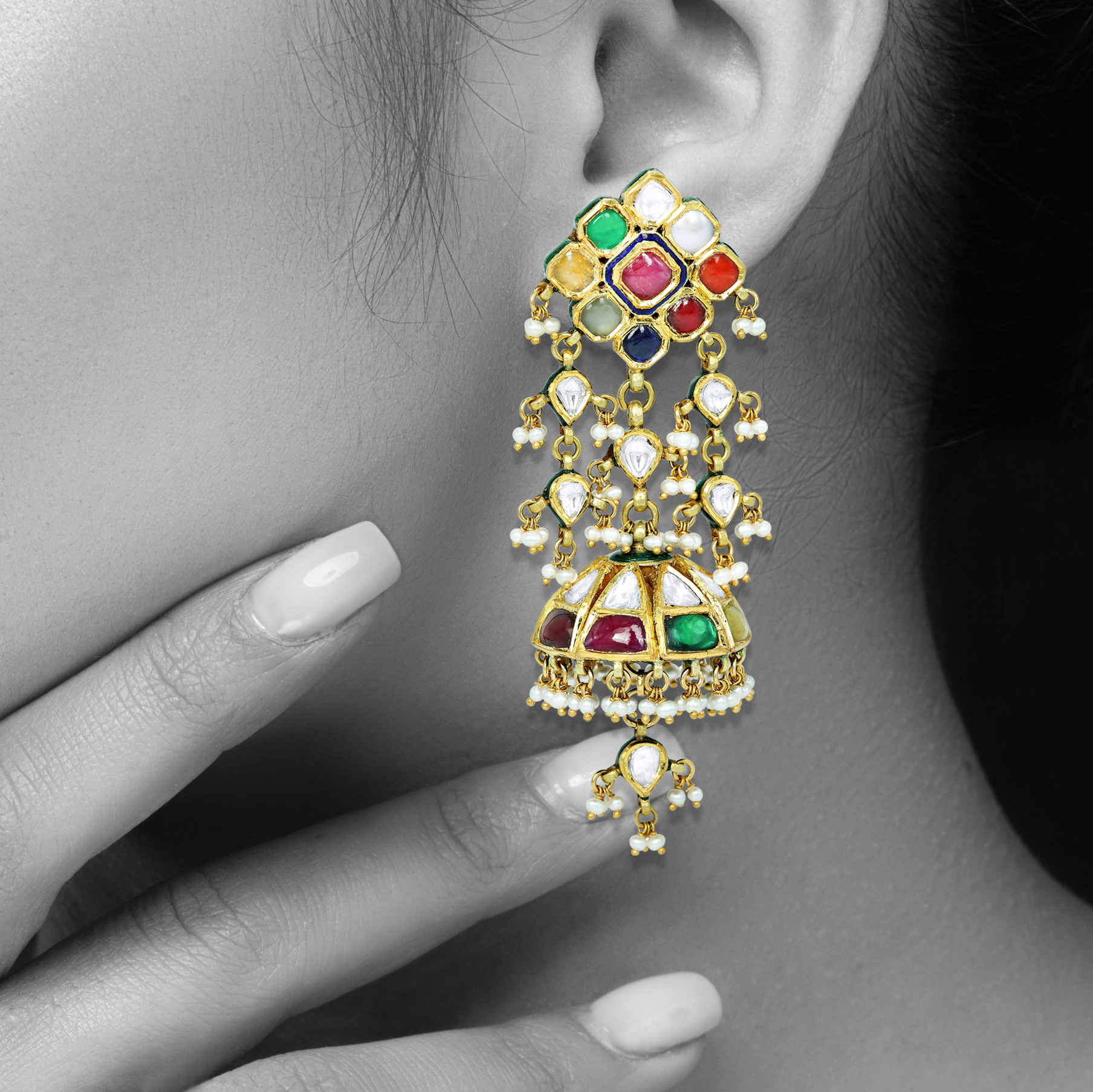 Navratan Jhumki Earrings with Polki, Navratan Gems, and Pearl Drops